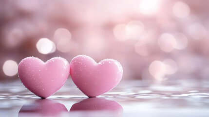 Obraz premium Two Pink Hearts Resting on Water, Romantic Abstract Background Illustration