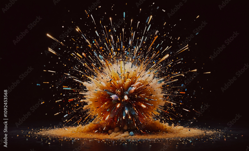 Poster large explosion is shown in the image. the explosion is made up of many small pieces of debris