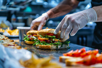 Generative AI Image of a Fast Food Chef in a Kitchen with a Focus on a Burger or fastfood eatery settings