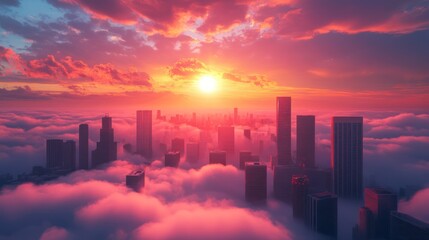 Obraz premium Skyscrapers over the clouds at sunrise. Morning city above the clouds. Skyscrapers on the cloud and fog