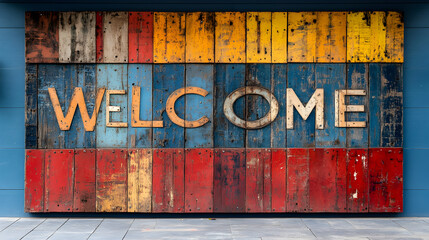 Colorful Wooden Welcome Sign, Rustic, Distressed, Abstract Background Image