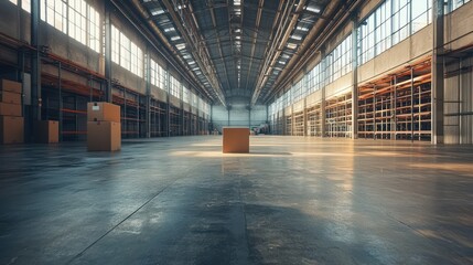 Warehouse or industry building interior. known as distribution center, retail warehouse. Part of storage and shipping system. Included box package on shelf, empty space and concrete floor