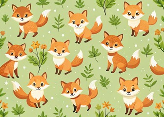 Obraz premium Cartoon Foxes Playful Pattern with Expressive Faces on Light Green Background - Seamless Design for Kids and Nature Enthusiasts