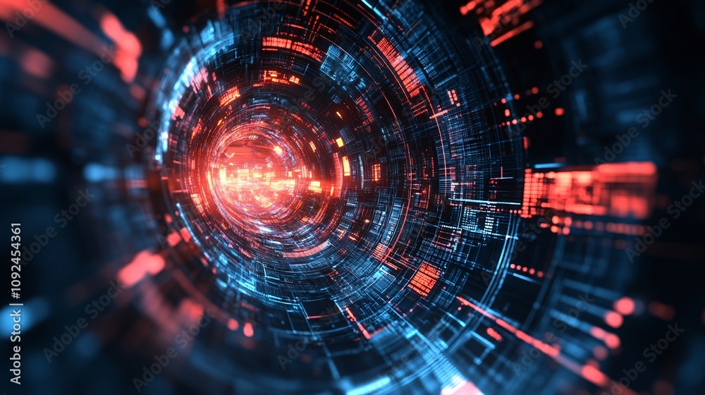 Poster digital information flows through futuristic tunnel with orange and blue lights