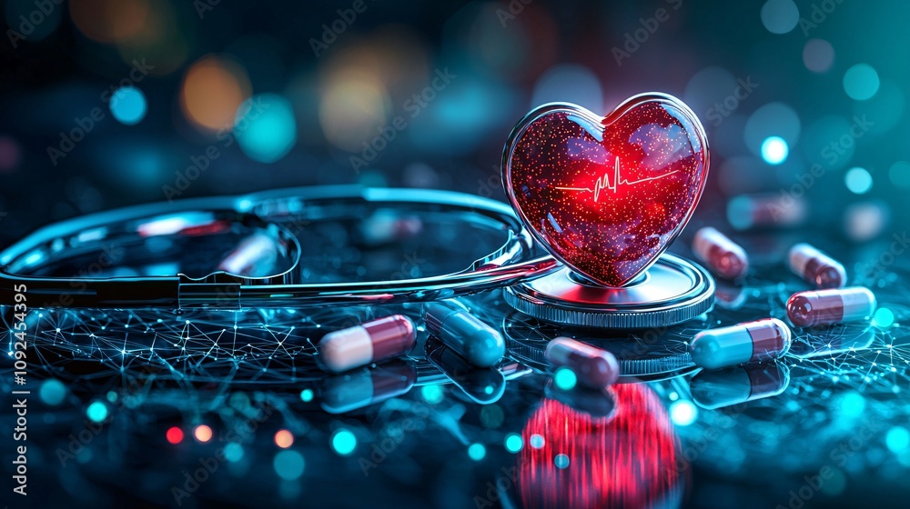 Poster stethoscope wrapped around a glowing red heart surrounded by colorful medicine capsules stock photo 