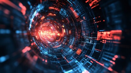 Fototapeta premium Digital information flows through futuristic tunnel with orange and blue lights