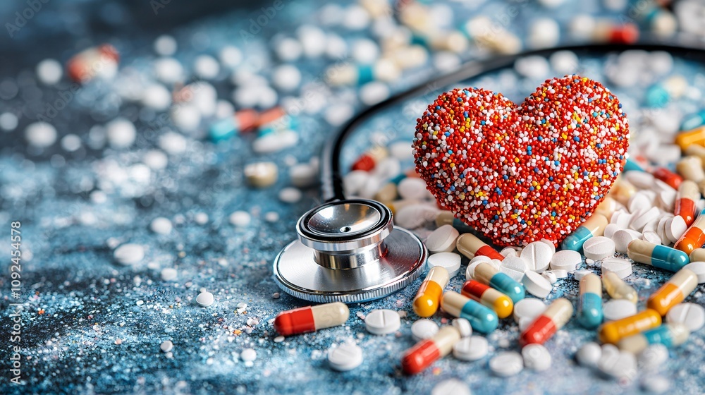 Poster stethoscope and a red heart placed on a soft gradient surface with scattered capsules stock photo wi