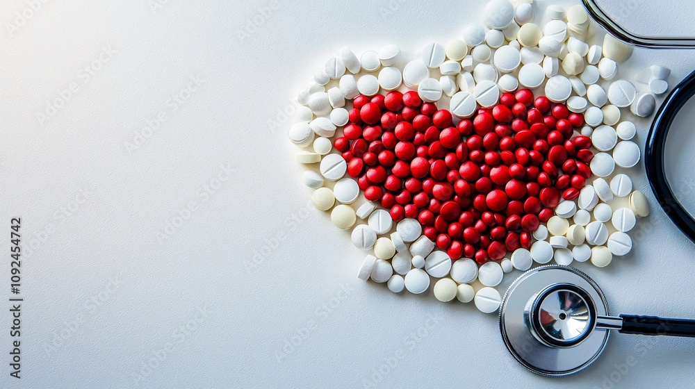 Poster medicine tablets forming a heart shape with a stethoscope placed diagonally on a white background st