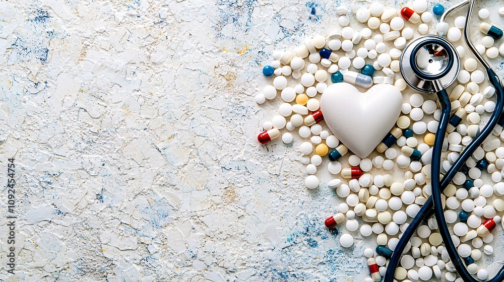 Poster medicine tablets forming a heart shape with a stethoscope placed diagonally on a white background st