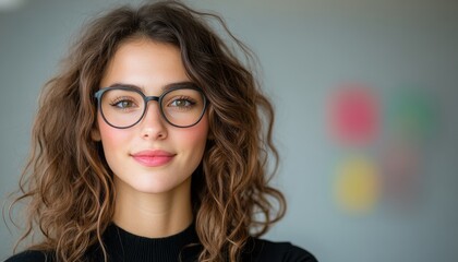 Obraz premium Young woman with curly hair and glasses smiling warmly in a modern indoor setting