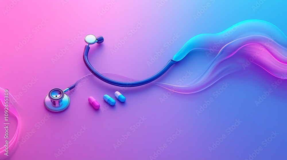 Aufkleber heart monitor line connected to a stethoscope and medicine capsules on a gradient background stock p