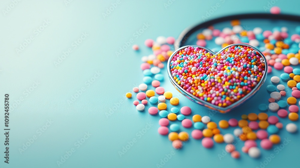 Poster stethoscope forming a loop around a vibrant heart symbol with pills scattered on a clean surface sto