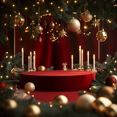 A traditional Christmas podium with a red velvet surface, surrounded by golden baubles, pine branches, and candles. Soft light illuminates the scene, leaving space for a product display.