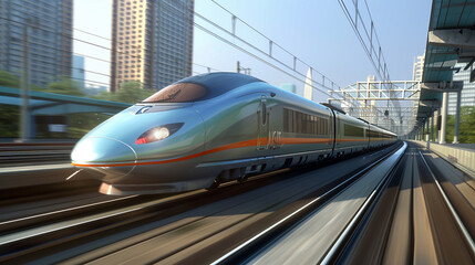 Fototapeta premium A high-speed bullet train whizzing past a blur of urban scenery, seamlessly connecting distant cities.