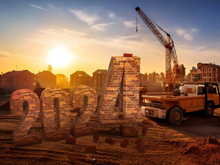 Brick New Year 2024 on construction site with dump truck and crane in the background sunset and town. Idea for a post for a construction company. 3d rendering