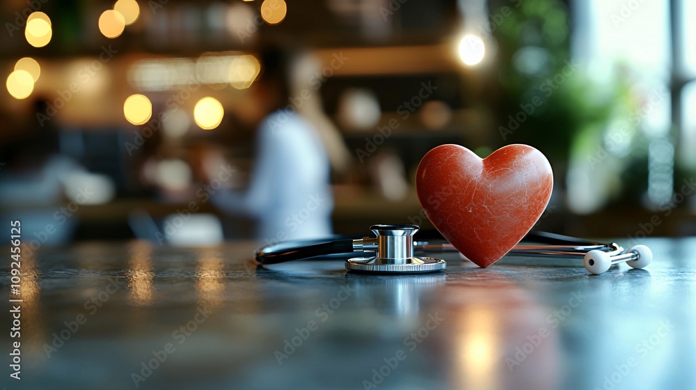 Poster red heart icon placed beside a stethoscope and a glowing light effect symbolizing care and recovery 