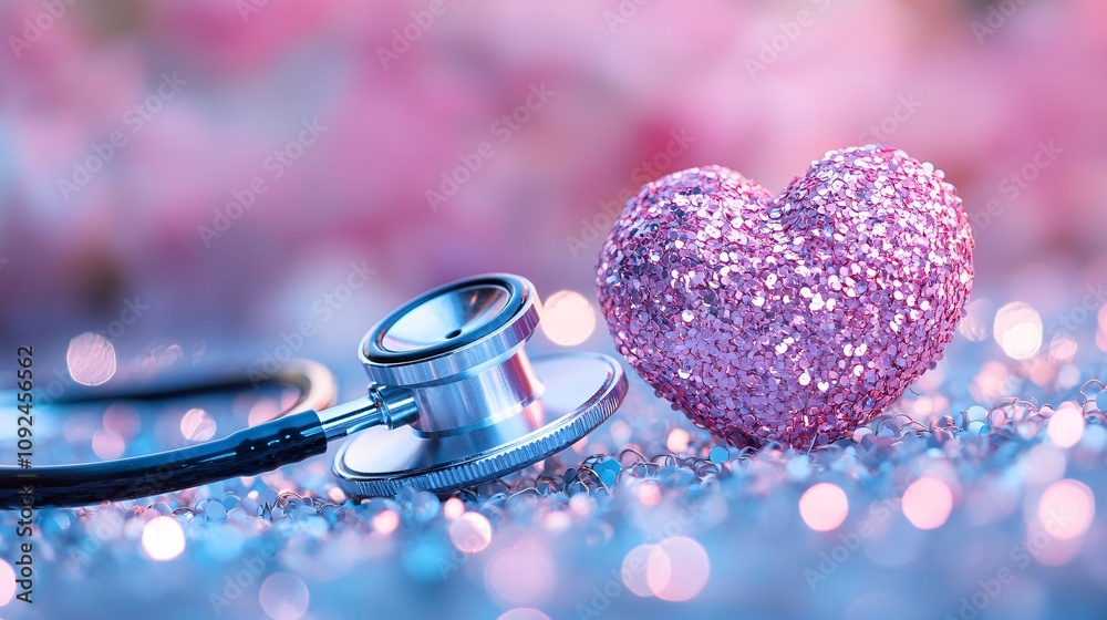 Poster Stethoscope resting on a gradient background with a vibrant heart in the center surrounded by light flares Stock Photo with side copy space