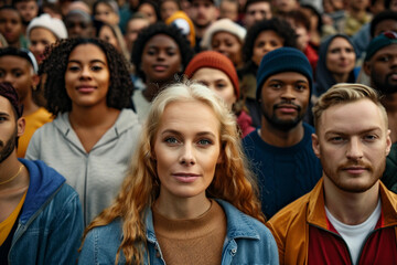 Fototapeta premium Portrait of Determined Female Fan Among Crowd at Sports Event – Generative AI