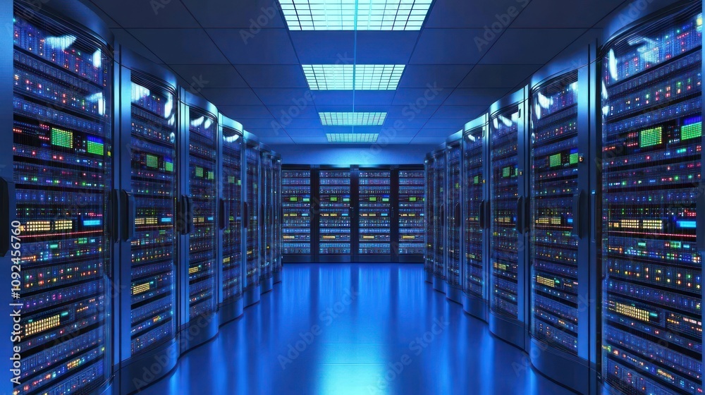 Poster Illuminated Server Room Rows Of Data Processing Equipment