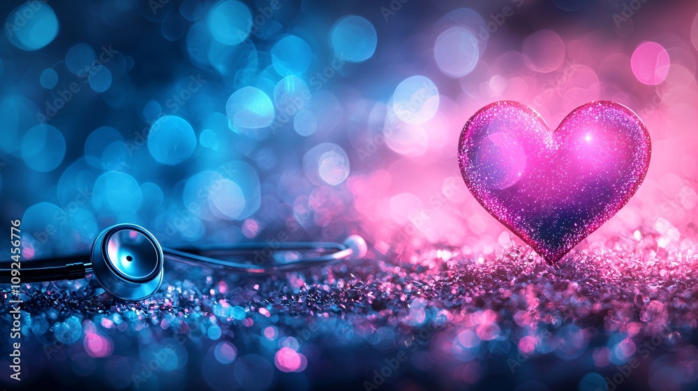 Poster abstract glowing heart surrounded by a stethoscope and soft bokeh lights representing hope and heali