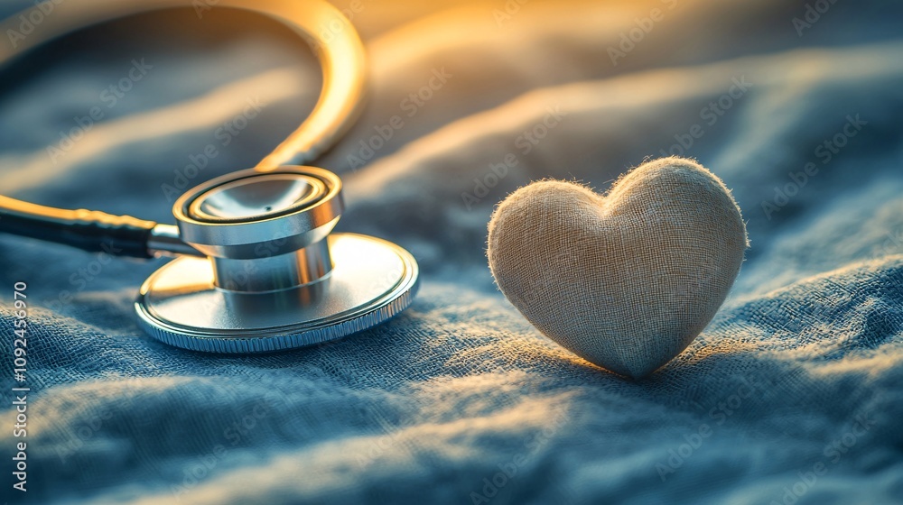 Poster Stethoscope forming a loop around a glowing heart icon with soft pastel tones representing healing touch Stock Photo with side copy space