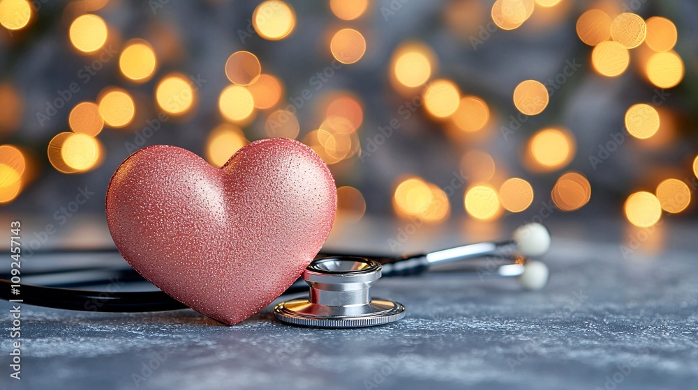 Poster Abstract medical design featuring a stethoscope and heart in focus surrounded by blurred background Stock Photo with side copy space