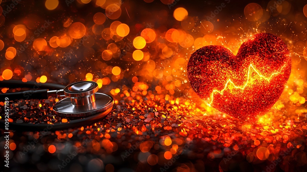 Poster Vibrant red heart surrounded by a stethoscope and soft light rays symbolizing compassion and hope Stock Photo with side copy space