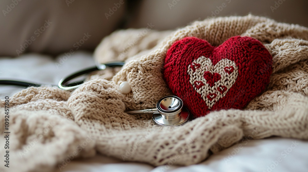 Poster Soft focus image of a stethoscope and heart on a light gradient surface representing calm and healing Stock Photo with side copy space