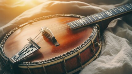 Naklejka premium Retro Banjo Charm - Vintage Musical Instrument on White Background with Warm Lighting