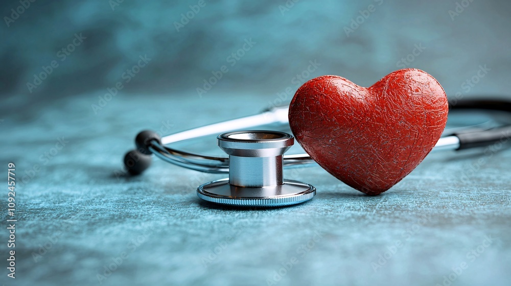 Poster heart icon placed alongside a stethoscope on a soft-toned background with light effects symbolizing 