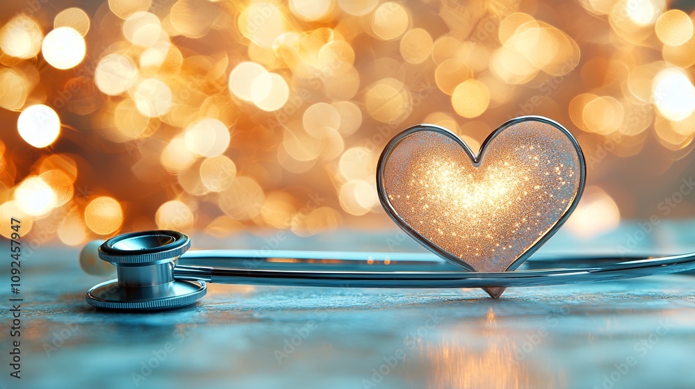 Poster stethoscope forming a heart shape with a soft glowing background symbolizing wellness and trust stoc