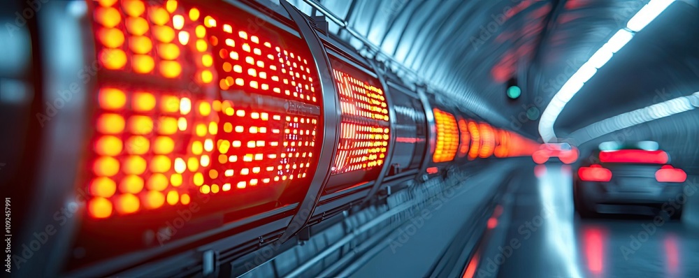 Aufkleber Red illuminated signs in a futuristic tunnel with a vehicle in motion.