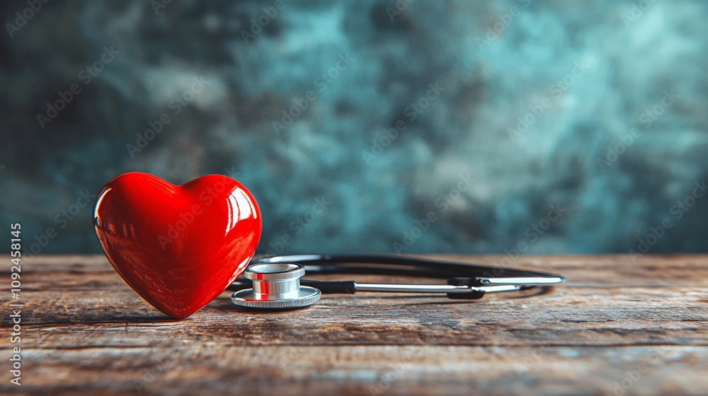 Poster Red heart model paired with a stethoscope placed on a gradient background evoking a sense of care and reliability Stock Photo with side copy space