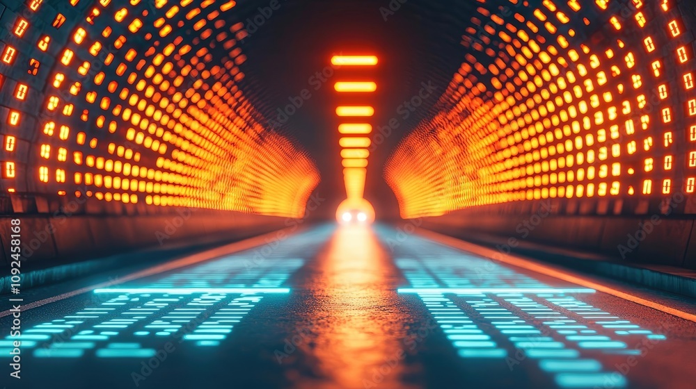 Poster futuristic tunnel with vibrant light patterns and glowing surfaces.