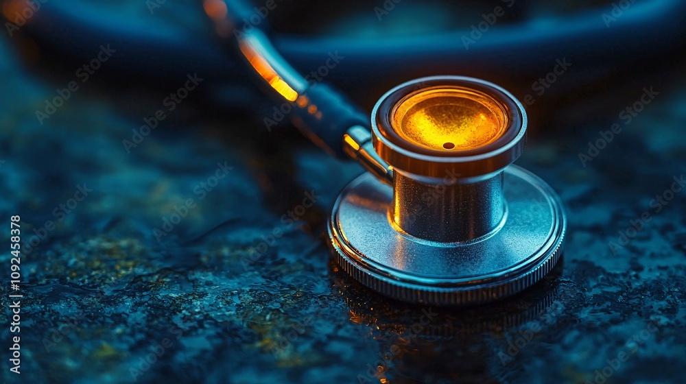 Aufkleber Stethoscope placed next to a glowing heart icon with soft vignette and empty space for text Stock Photo with side copy space