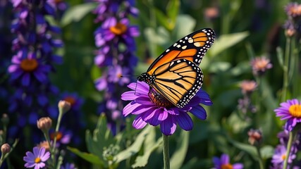 Obraz premium A stunning monarch butterfly rests its wings on a rich purple flower surrounded by vibrant green foliage in a meadow, wildlife, outdoors