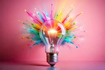 Colorful Light Bulb Explosion on Pink Background - Candid Photography, Vibrant Colors, Abstract Art, Creative Decor, Dynamic Energy, Brightness, Imagination, Artistic Expression, Modern Design