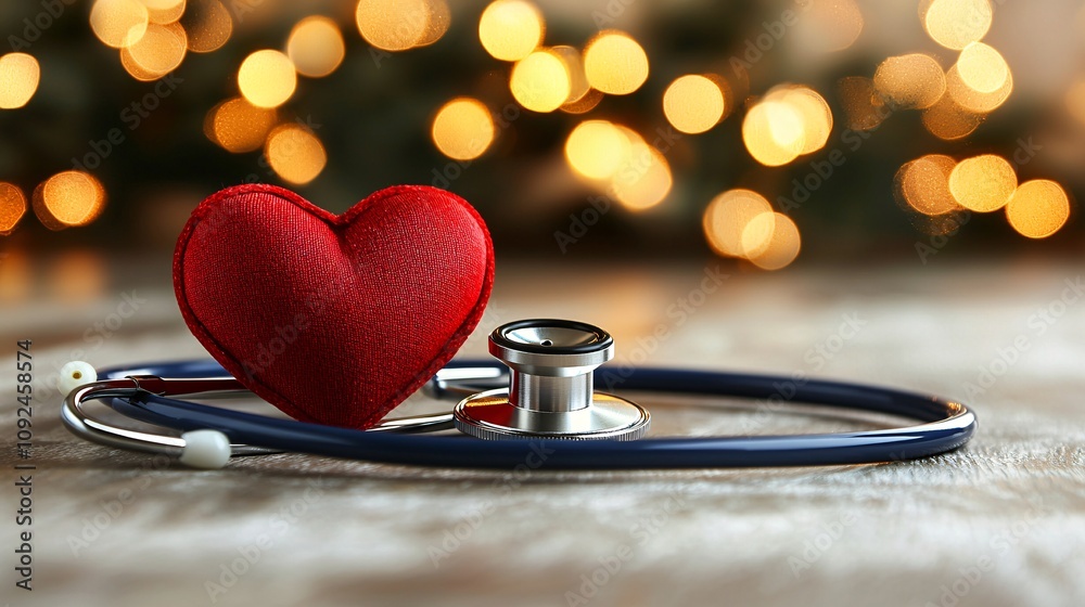 Poster soft focus image of a stethoscope resting on a heart model with warm light effects symbolizing welln