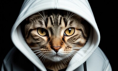 Stylish cat in hoodie with intense stare against black background