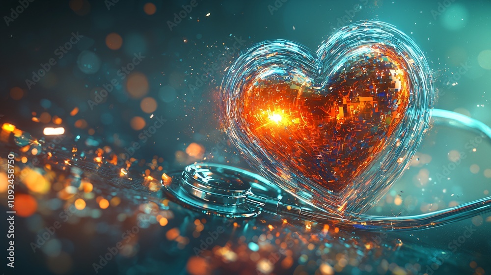 Poster abstract medical theme with a glowing heart and stethoscope placed on a bright neutral background st