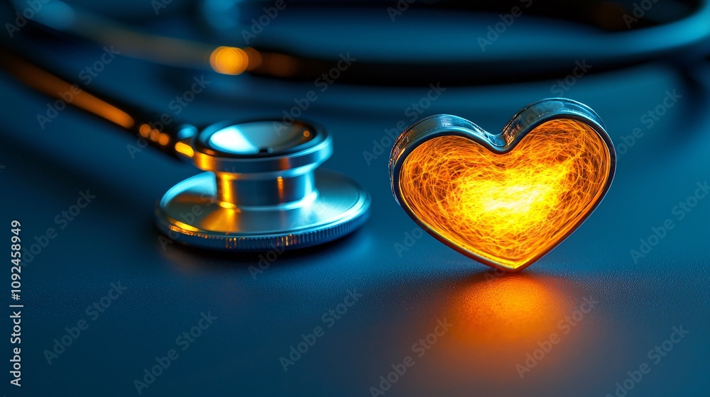 Aufkleber Heart shape glowing softly in the center of a stethoscope arranged neatly on a gradient surface Stock Photo with side copy space