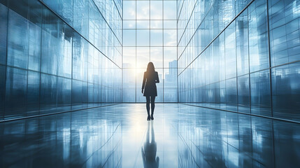Fototapeta premium Silhouette of Woman Contemplating Cityscape Through Modern Glass Building, Abstract Background