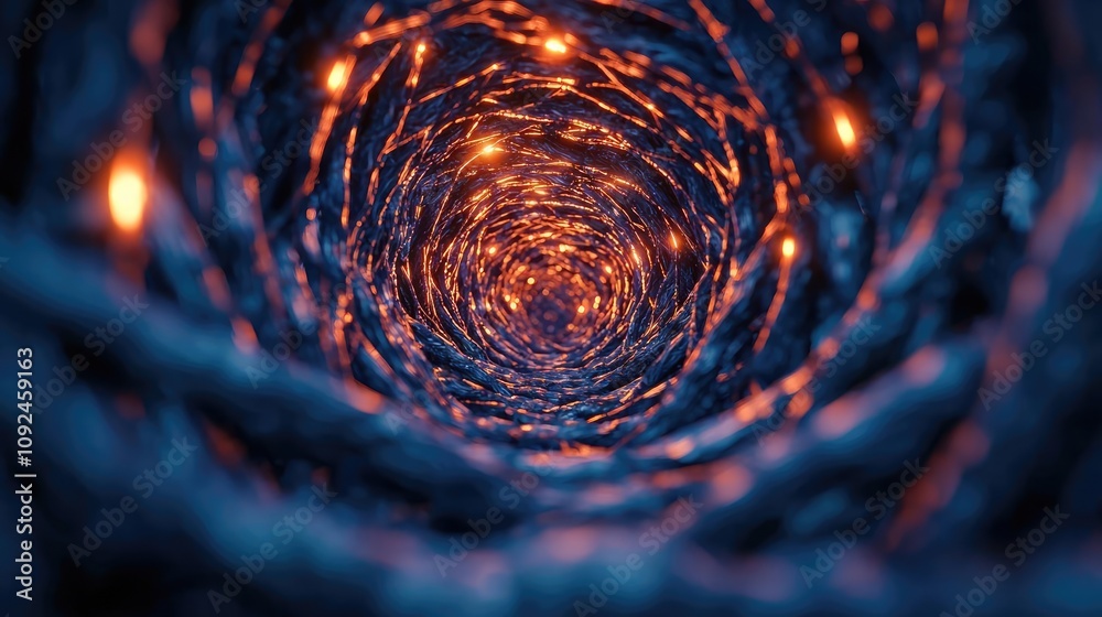 Poster abstract tunnel with glowing lights, dark twisted structure, ethereal and mysterious.
