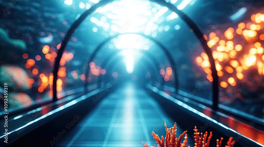 Poster underwater tunnel with vibrant coral and glowing lights, creating an immersive experience.