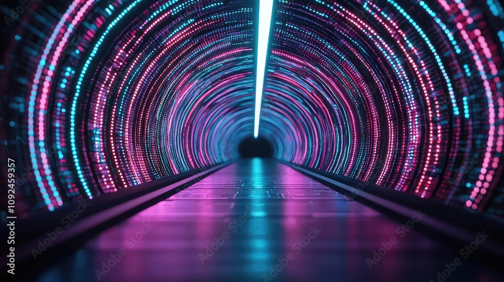 Poster futuristic tunnel with vibrant neon lights and digital patterns.