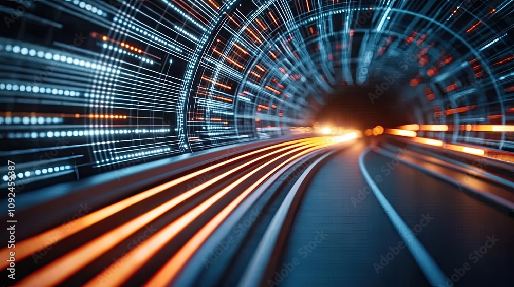 Poster abstract tunnel with lights, conveying speed and acceleration in digital space.