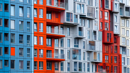 Fototapeta premium Abstract Architectural Facade: Modern Building with Colorful Windows and Balconies, Geometric Design.
