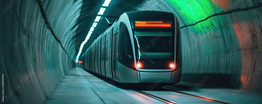 Poster modern train emerging from illuminated tunnel, showcasing advanced engineering.