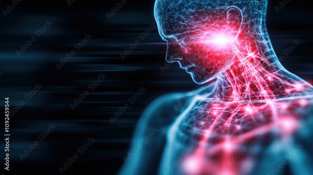 Poster dynamic visualization of human anatomy digital art medical science abstract environment side view