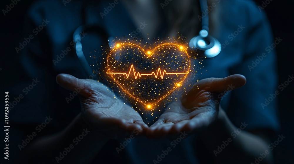 Poster stethoscope connecting a glowing heart symbol and a doctor's hand representing care and healing stoc